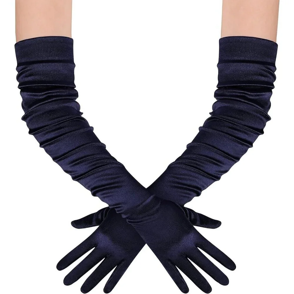 Women's Long Satin Gloves Navy Blue Stretchy Upper Arm Length Costume Design